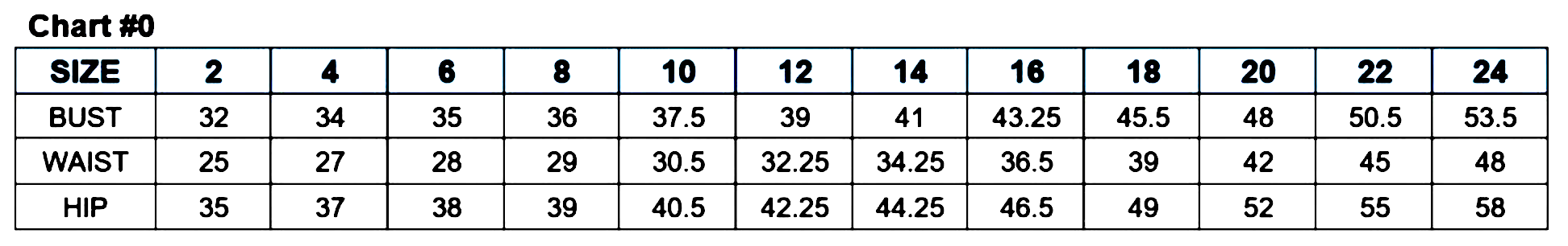 Clothing size chart displaying measurements for bust, waist, and hip across sizes 2 to 24.
