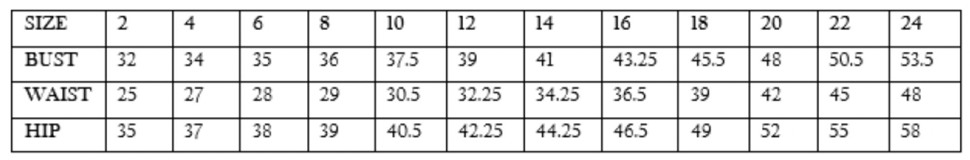 Size chart for ELVIRA strapless corset dress, detailing measurements for bust, waist, and hip from size 2 to 24.