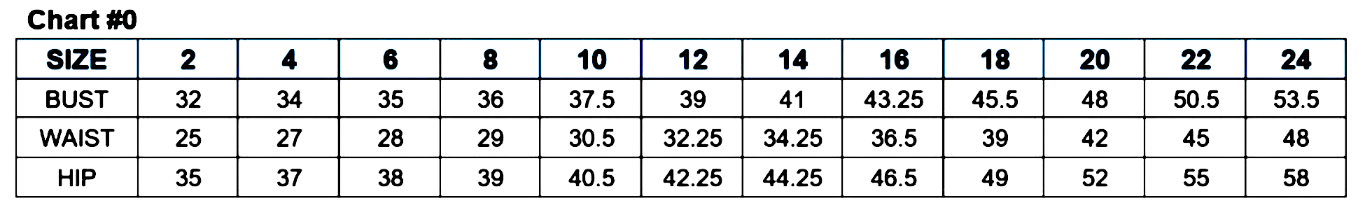 Size chart displaying measurements for bust, waist, and hip in sizes 2 to 24.