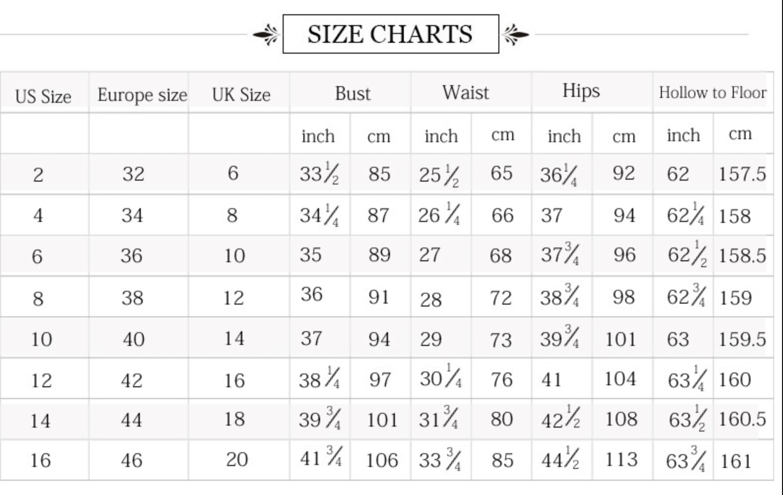 Size chart for US, Europe, UK dress sizes with bust, waist, hips, and hollow to floor measurements in inches and centimeters.