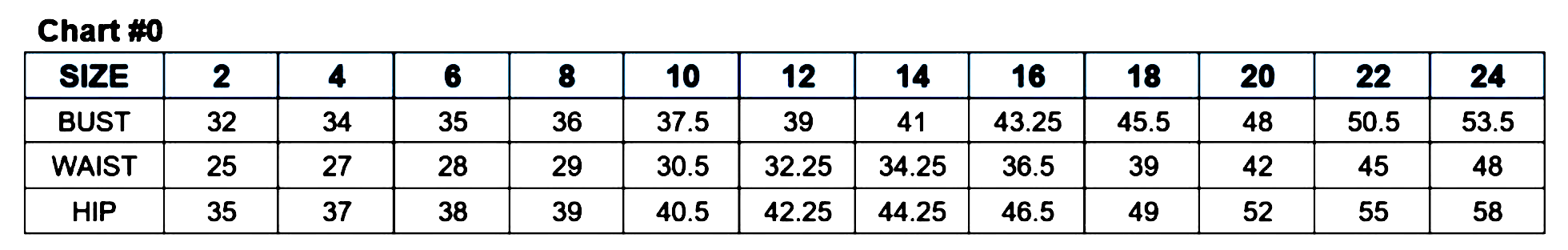 Size chart detailing measurements for bust, waist, and hip for dress sizes 2 to 24.