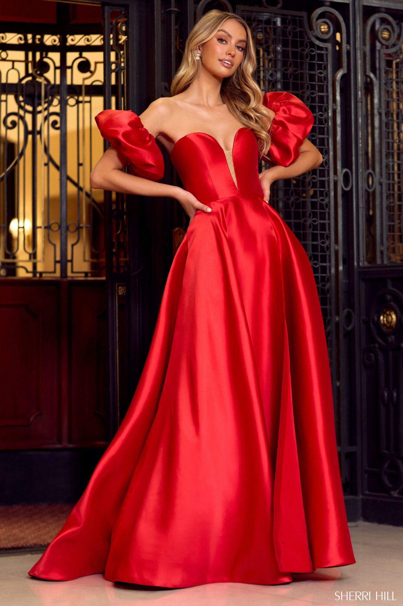 Sherri Hill 55253 Red Off the Shoulder Mikado Silky A Line Formal Dress in Australia | One Honey Boutique