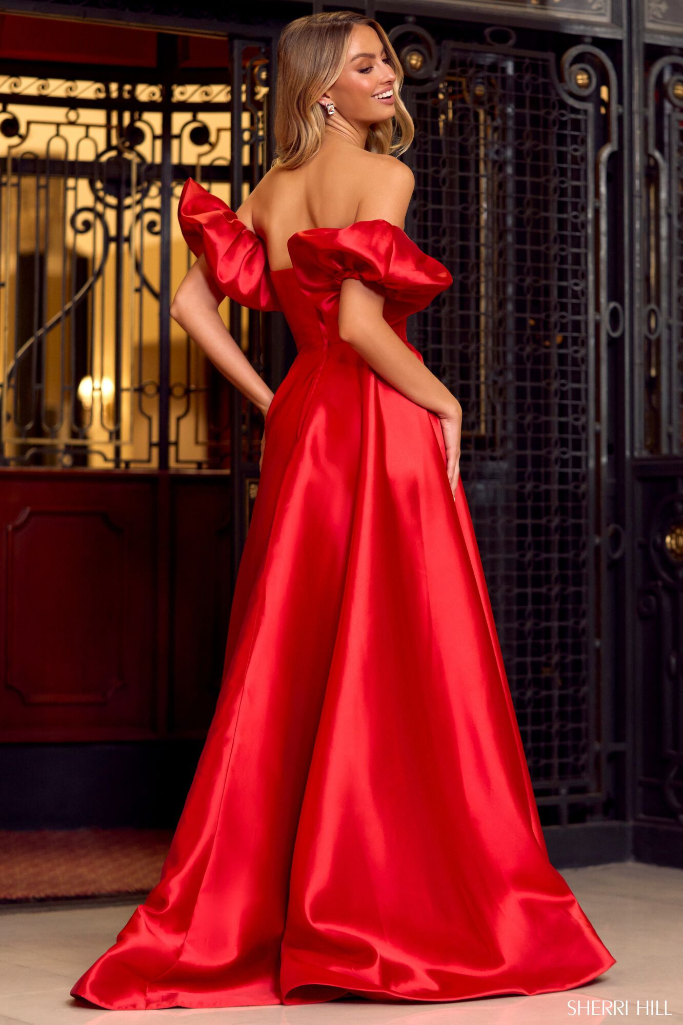 Sherri Hill 55253 Red Off the Shoulder Mikado Silky A Line Formal Dress in Australia | One Honey Boutique