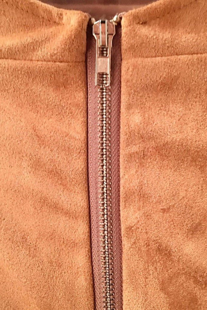 Close-up of DANICA dress zip, Honey Couture khaki suede, Australian designer, prom dress detail, geometric leather look, affordable style.