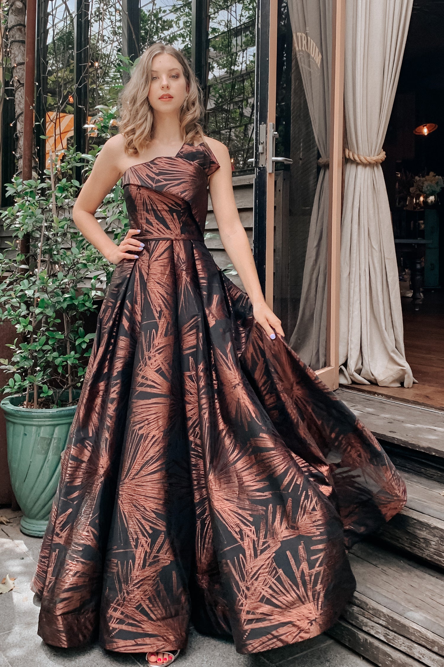 TINA HOLLY COUTURE T0520 Rose Brown One Shoulder Effect Ballgown, Organza Jacquard Prom Dress, Brisbane to Gold Coast