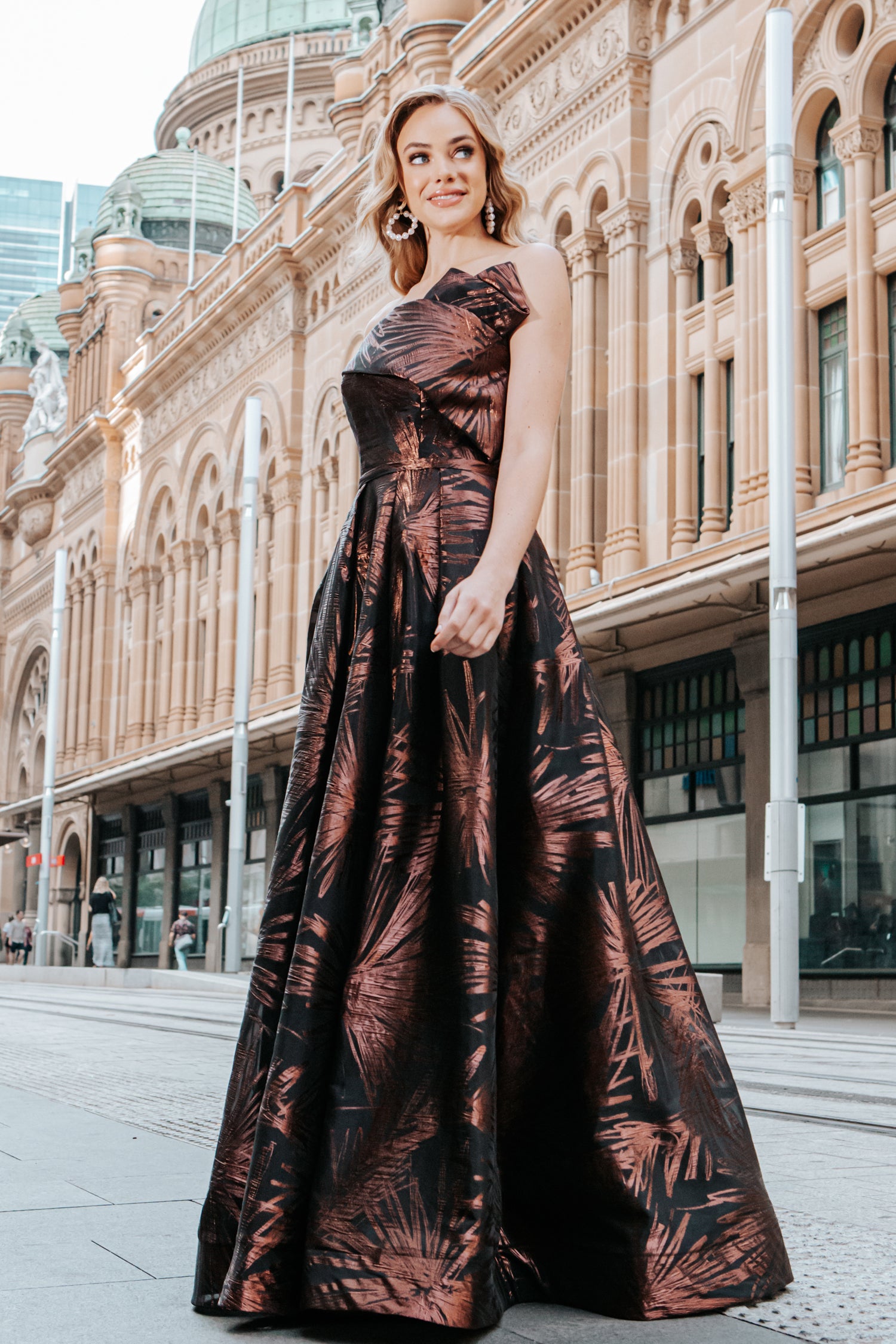 TINA HOLLY COUTURE T0520 Rose Brown organza jacquard one-shoulder ballgown, strapless design, formal dress Brisbane to Gold Coast, Australia