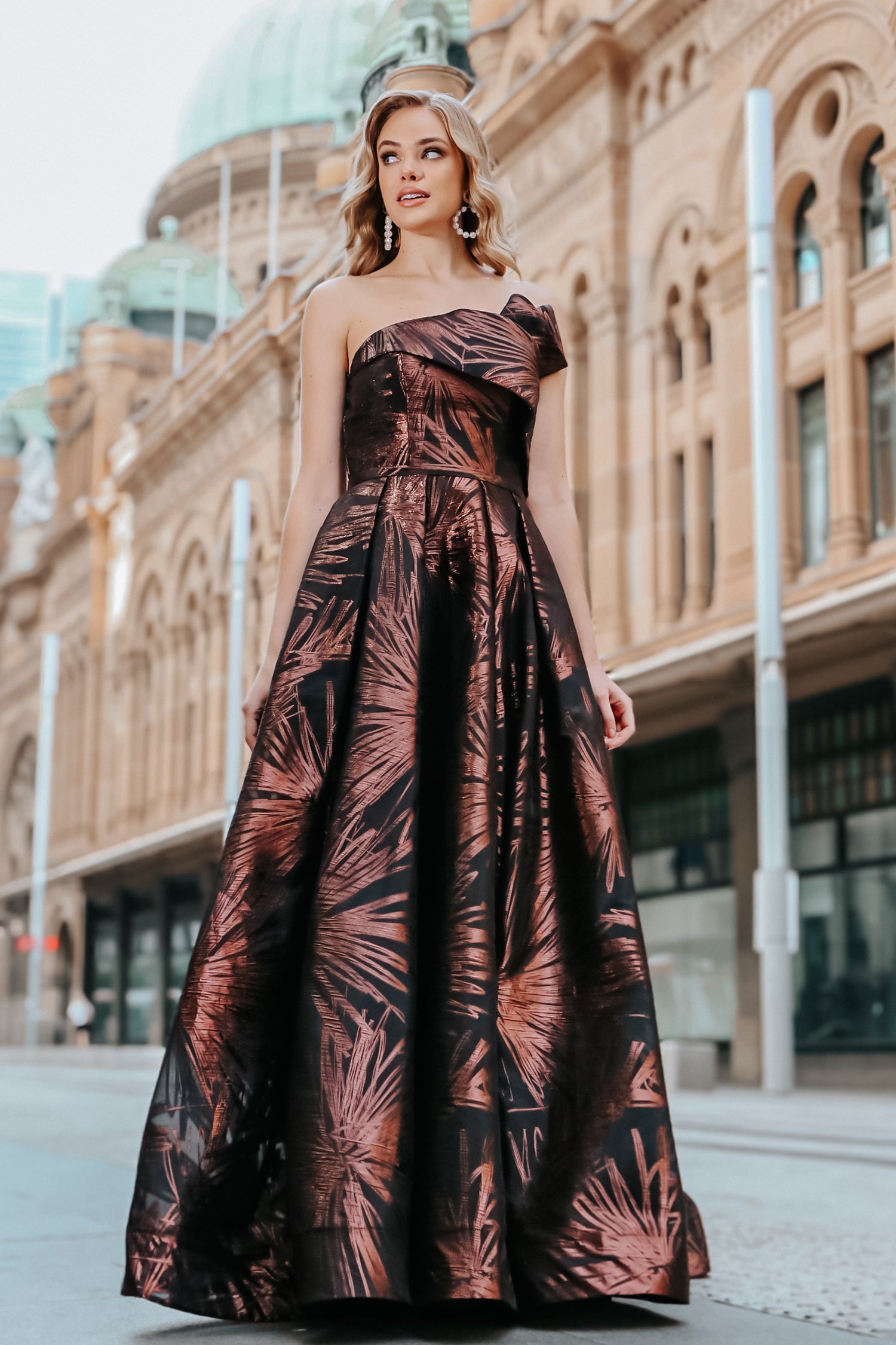 TINA HOLLY COUTURE T0520 rose brown strapless jacquard ballgown with one shoulder effect, school formal dress Brisbane to Gold Coast