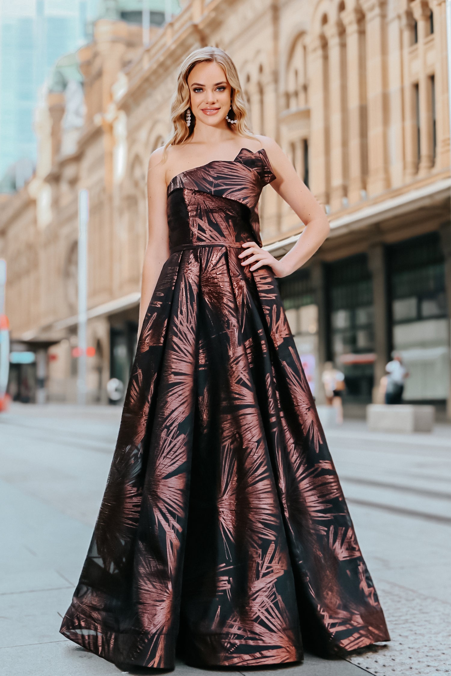 TINA HOLLY COUTURE T0520 Rose brown strapless ballgown with one shoulder effect, formal dress. Brisbane to Gold Coast, Australia.