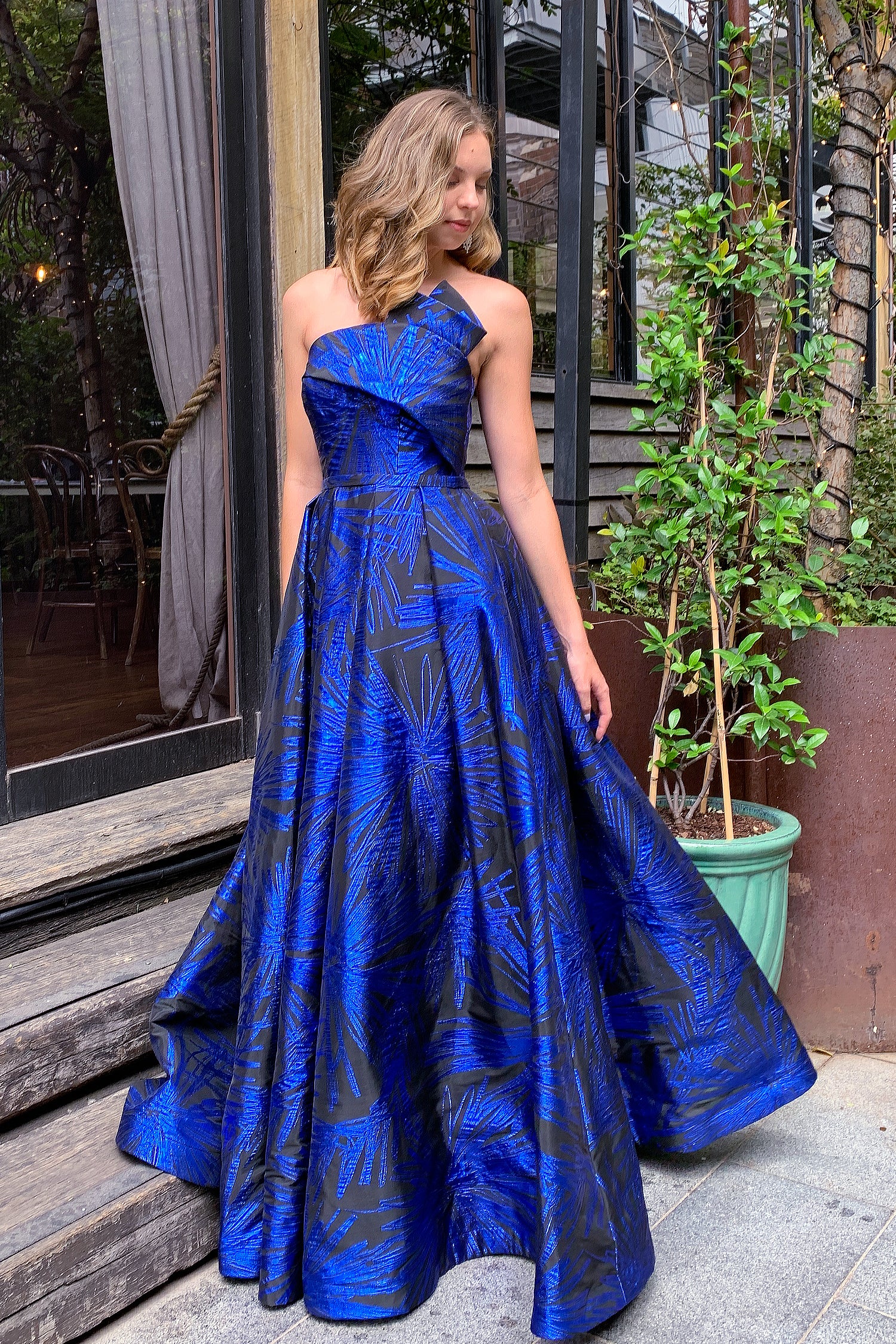 TINA HOLLY COUTURE T0520 Electric Blue Strapless Ballgown with Organza Jacquard Fabric, Formal Gown Brisbane to Gold Coast