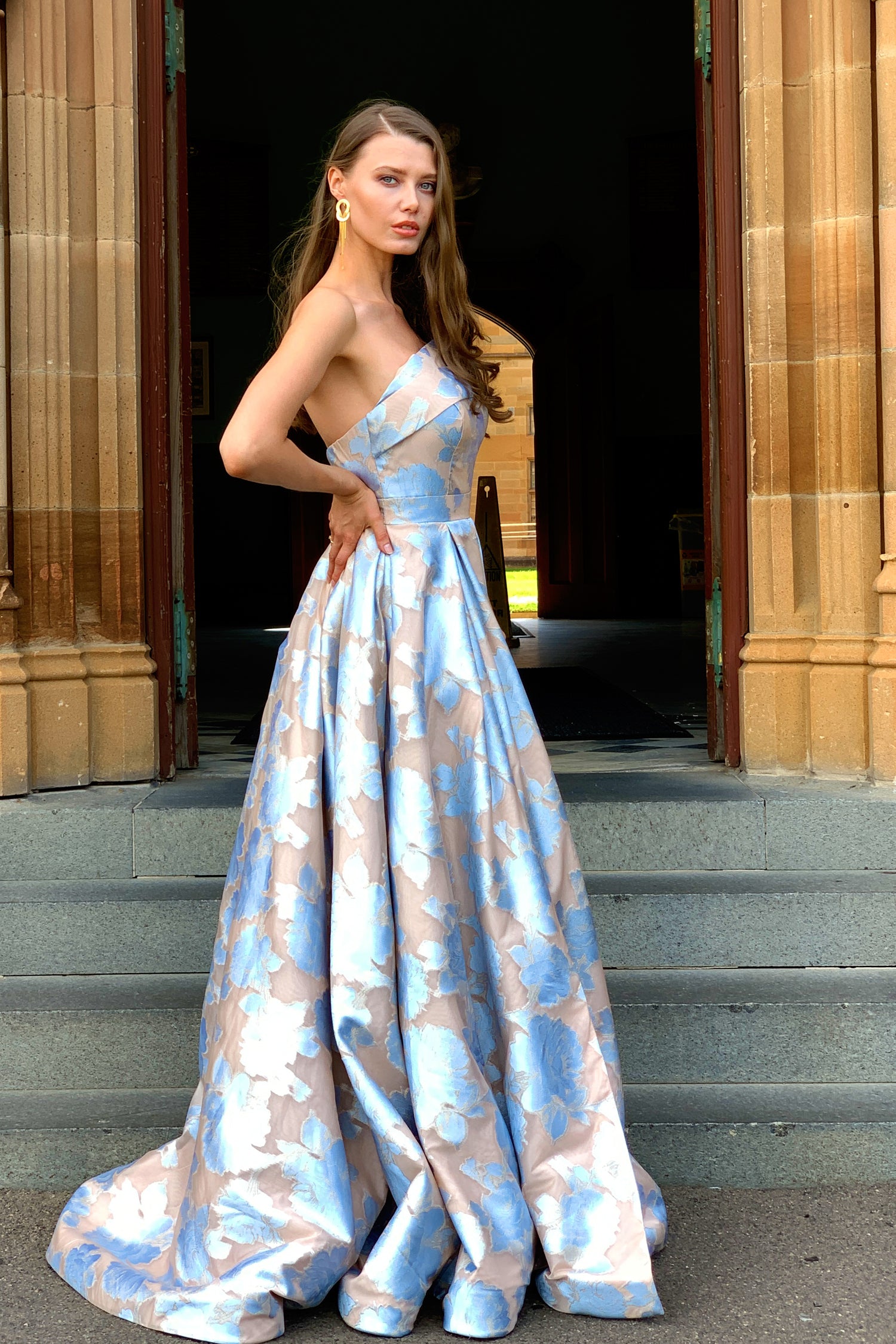 TINA HOLLY COUTURE T1020 pastel blue strapless ballgown with organza jacquard fabric, formal dress, Brisbane to Gold Coast, Australia
