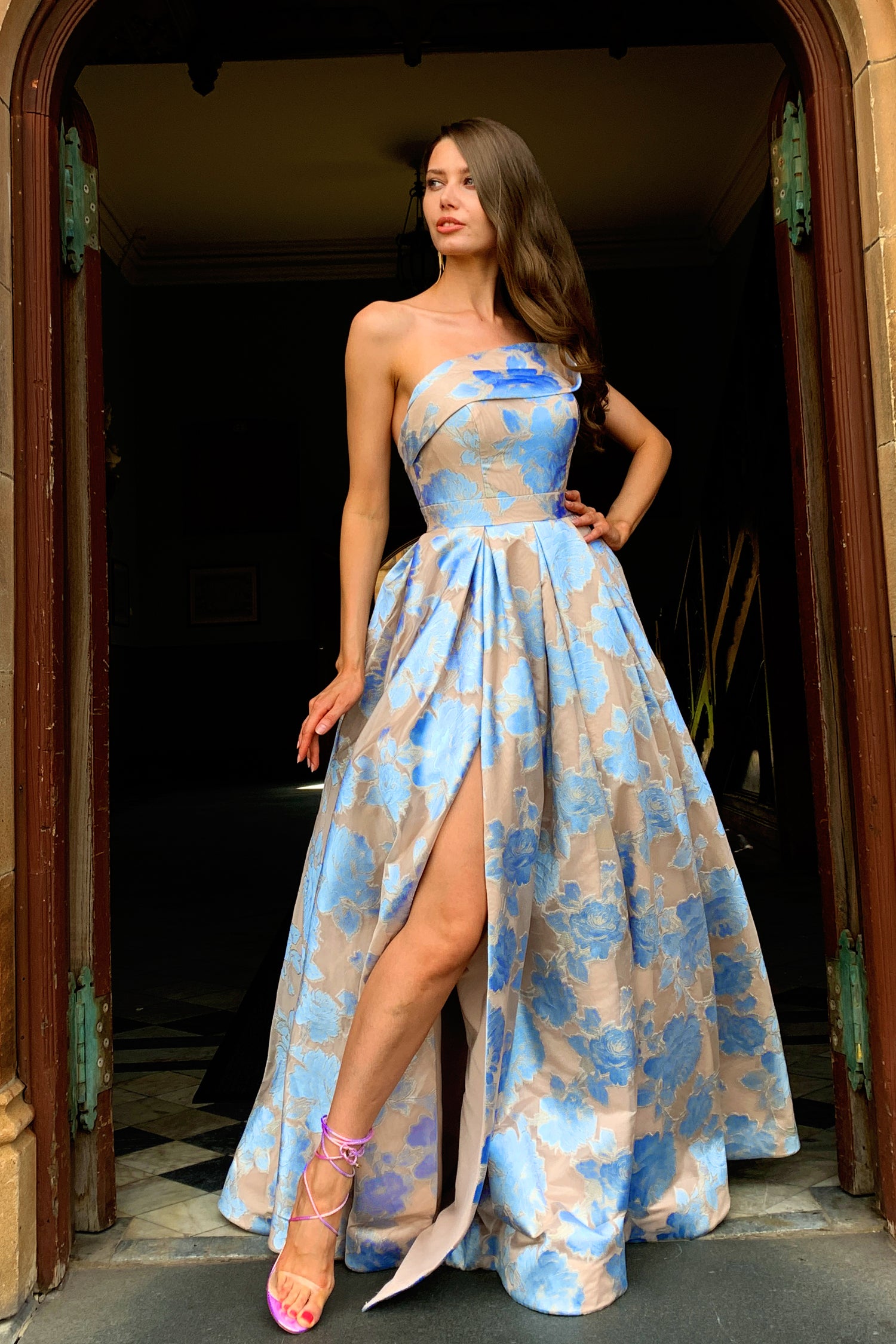 TINA HOLLY COUTURE T1020 pastel blue strapless ballgown with floral print and side slit, formal dress from Brisbane to Gold Coast, Australia.