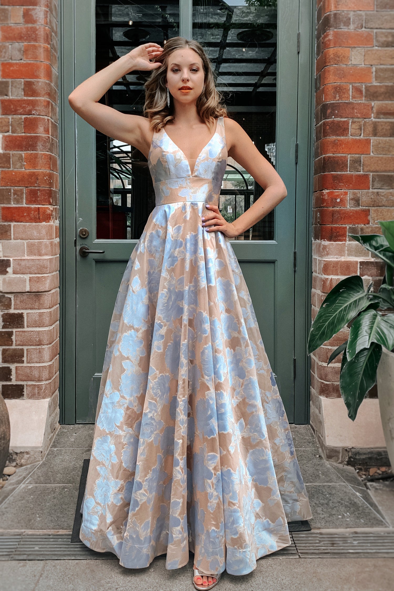 TINA HOLLY COUTURE T1120 Pastel Blue Strapless Ballgown with floral pattern. Formal dress for prom. Brisbane to Gold Coast, Australia.