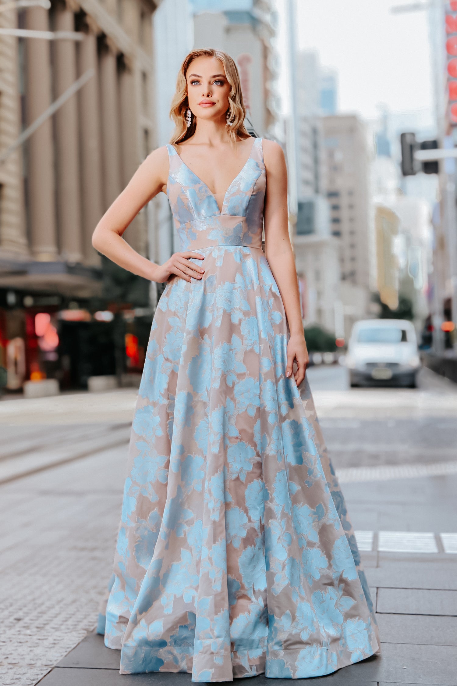 TINA HOLLY COUTURE T1120 pastel blue floral strapless ballgown, formal dress for events, Brisbane to Gold Coast.