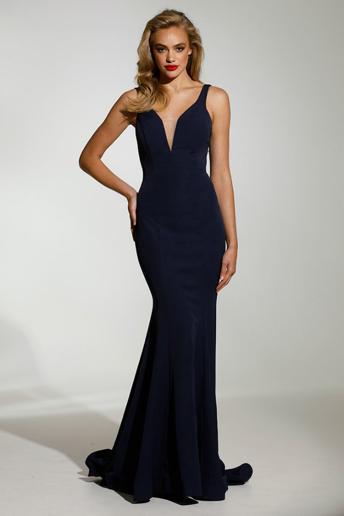 Tinaholy Couture T1708 Navy Blue Deep V Neckline w a Drape Back Formal Gown Dress Tina Holly Couture$ AfterPay Humm ZipPay LayBuy Sezzle