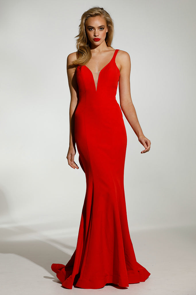 TINA HOLLY COUTURE T1708 Chili Red Formal Gown with Deep V Neckline and Drape Back, School Formal Dress, Brisbane to Gold Coast