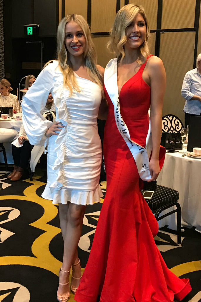 TINA HOLLY COUTURE T1708 Chili Red gown with deep V neckline and drape back, formal event, Brisbane to Gold Coast