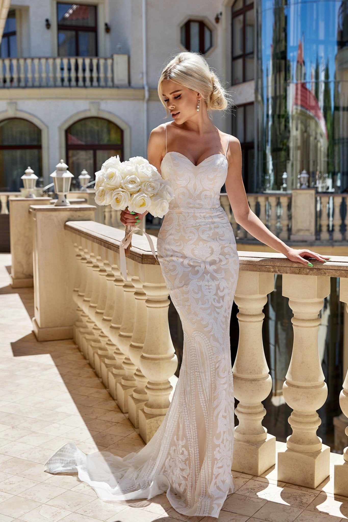 Tina Holly Couture T17101W White and Ivory Sequin Thin Strap Gown in Australia | One Honey Boutique