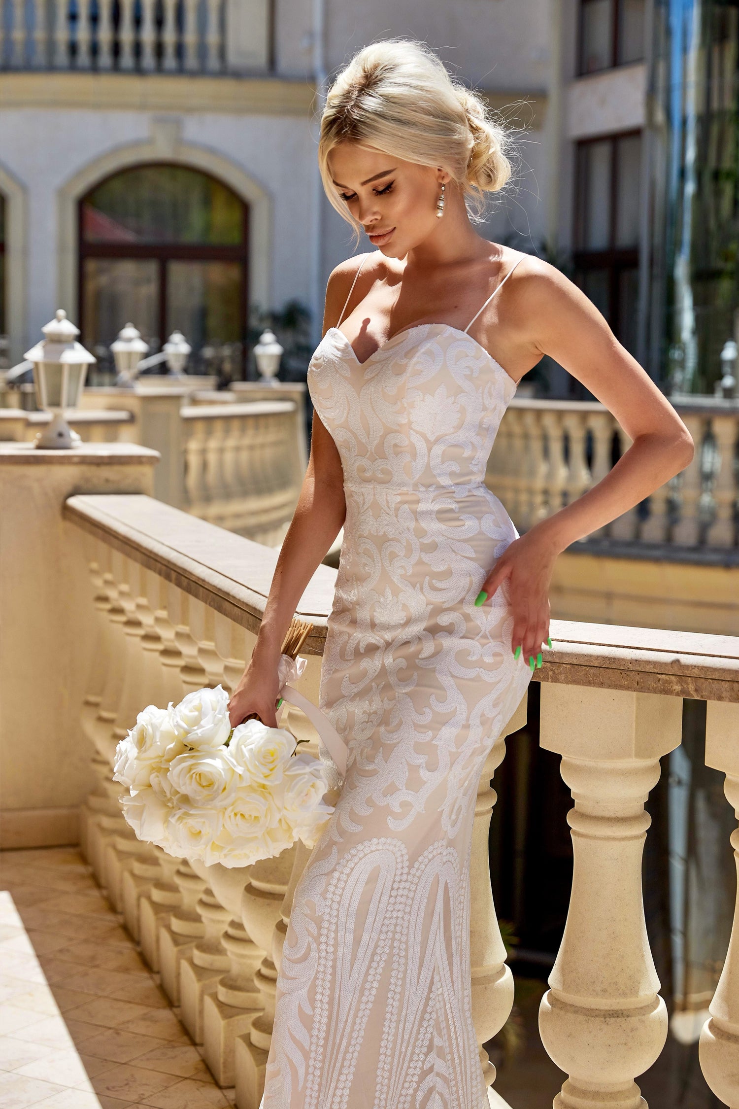 TINA HOLLY COUTURE T17101W White and Ivory Sequin Gown with Thin Straps, Elegant Bridal Fashion, Brisbane to Gold Coast, Australia.