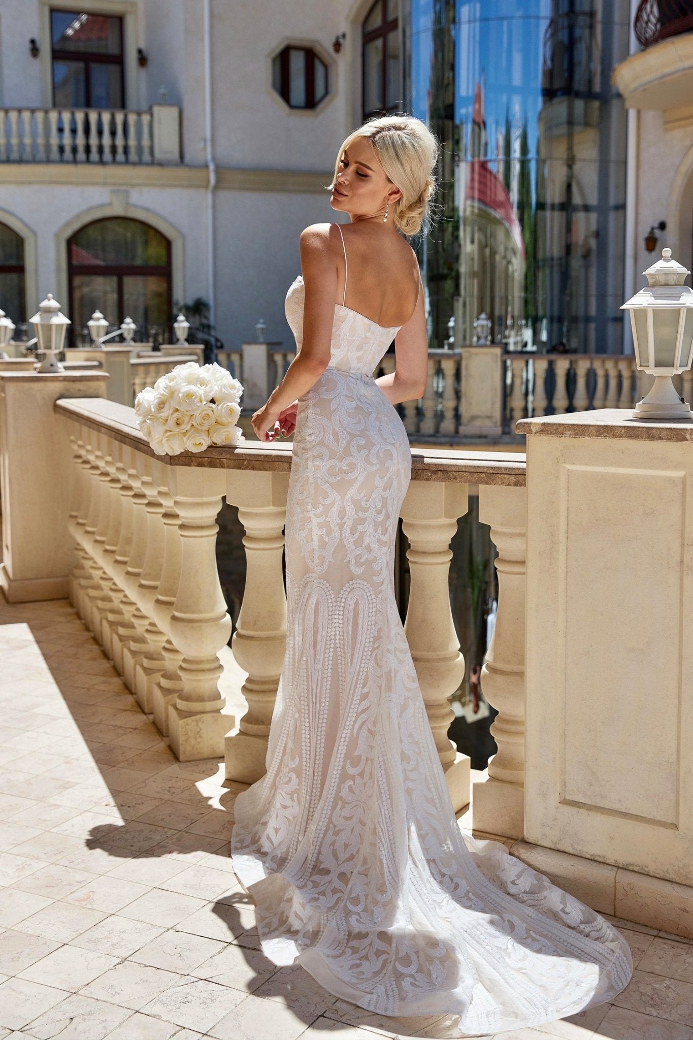 Tina Holly Couture T17101W White and Ivory Sequin Thin Strap Gown in Australia | One Honey Boutique