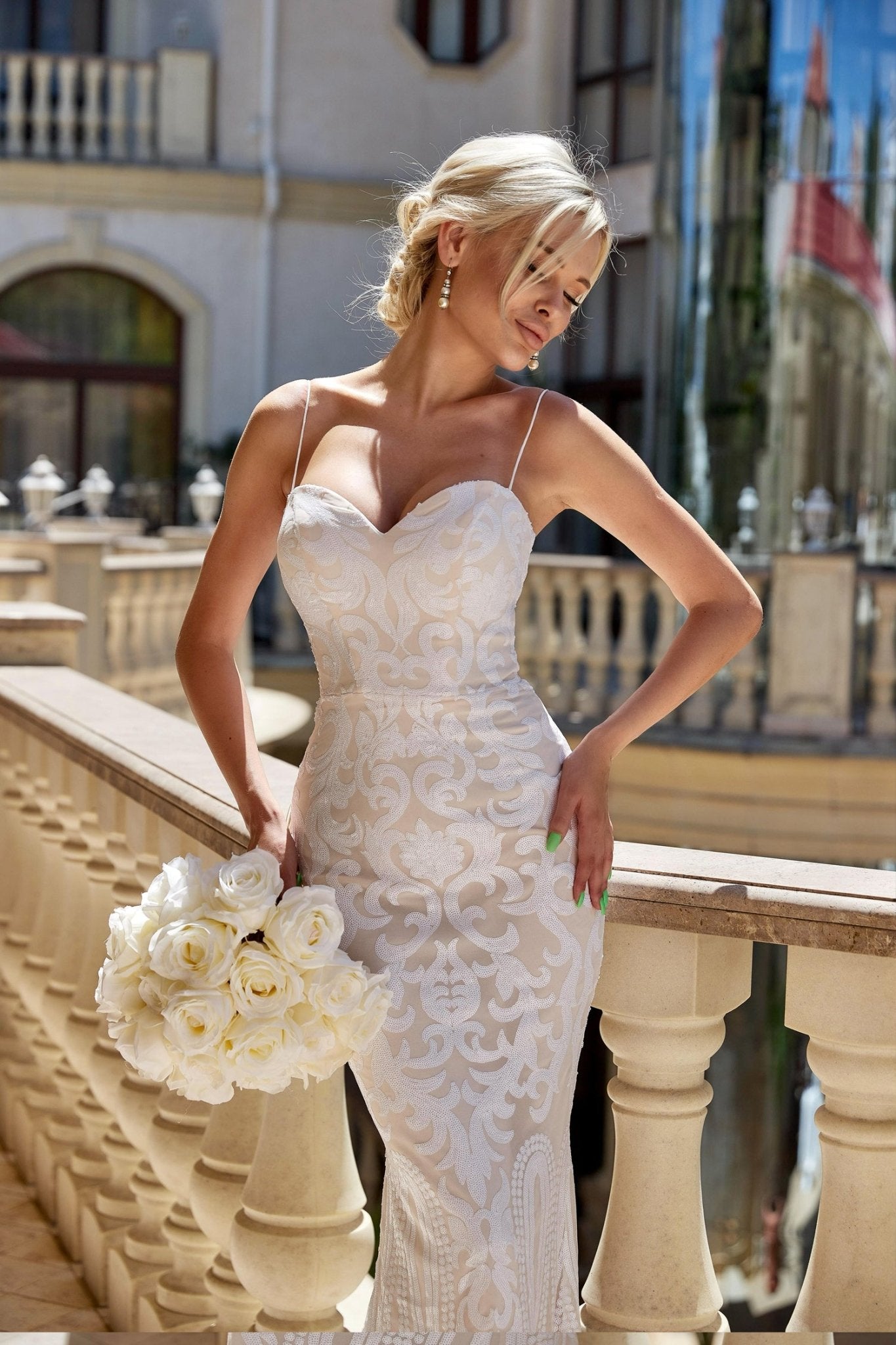 Tina Holly Couture T17101W White and Ivory Sequin Thin Strap Gown in Australia | One Honey Boutique