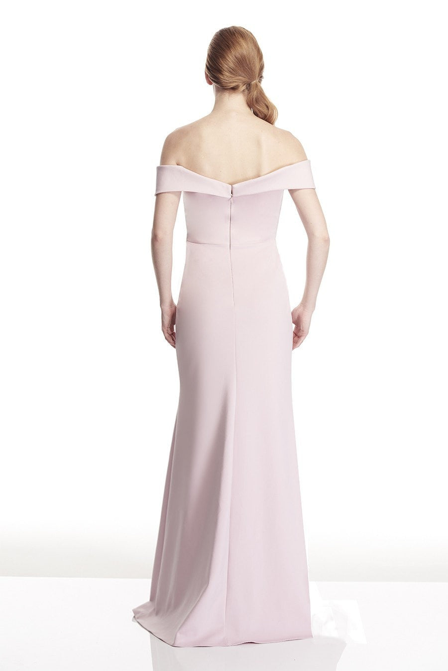 TINA HOLLY COUTURE T17115 Tea Rose Pink off shoulder formal gown, crepe fabric, long train, perfect for prom. Brisbane to Gold Coast.