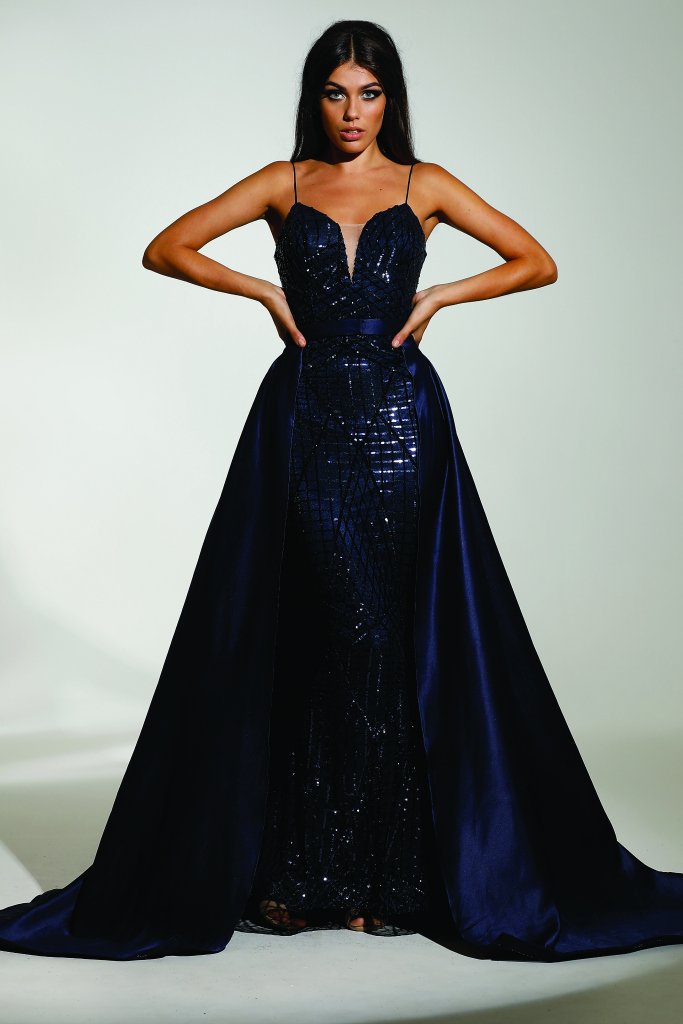 Tinaholy Couture T17128 Navy Blue Sequin Mermaid Skirt Formal Gown Pro