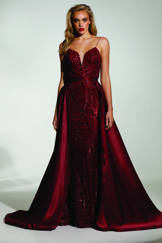 Tinaholy Couture T17128 Wine Red Sequin Mermaid Skirt Formal Gown Prom