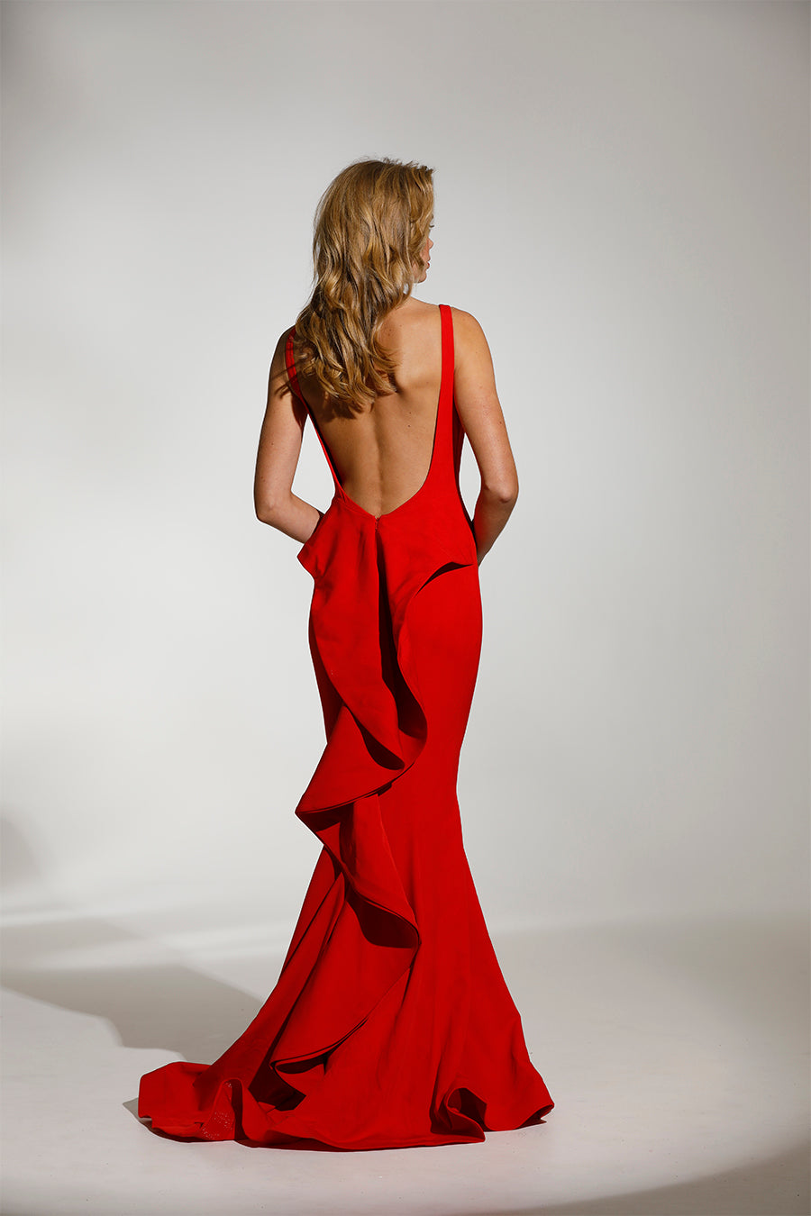 T1708 Chili Red gown with draped back, sleeveless and floor-length. Elegant formal dress. Brisbane to Gold Coast.