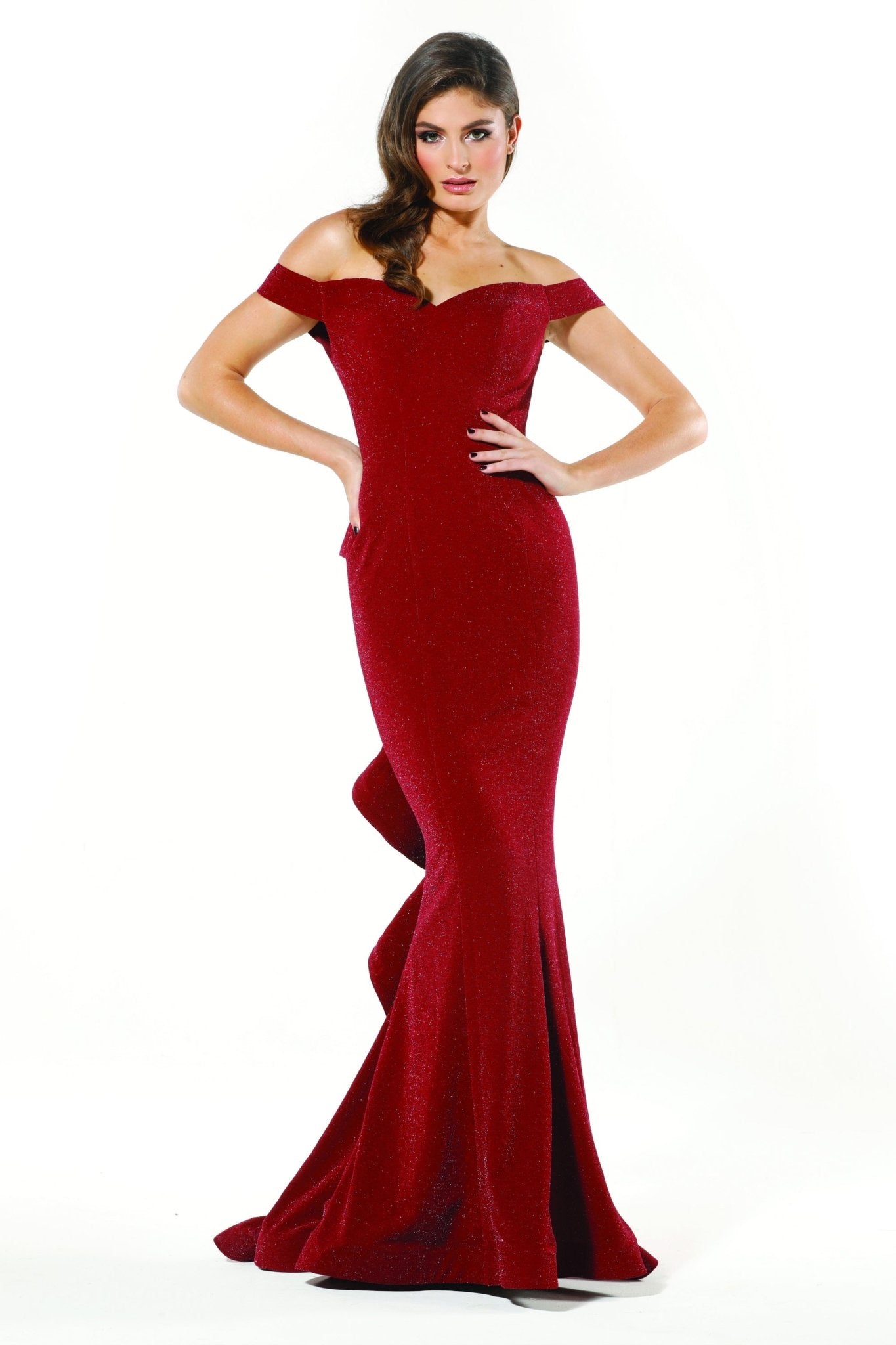 Tinaholy Couture T18117 Burgundy Jersey Off Shoulder Formal Gown in Australia | One Honey Boutique