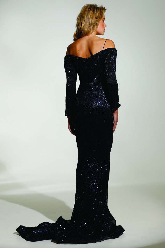 TINA HOLLY COUTURE T1842 navy blue sequin mermaid gown with elegant fishtail train, perfect for prom or formal events Brisbane to Gold Coast.