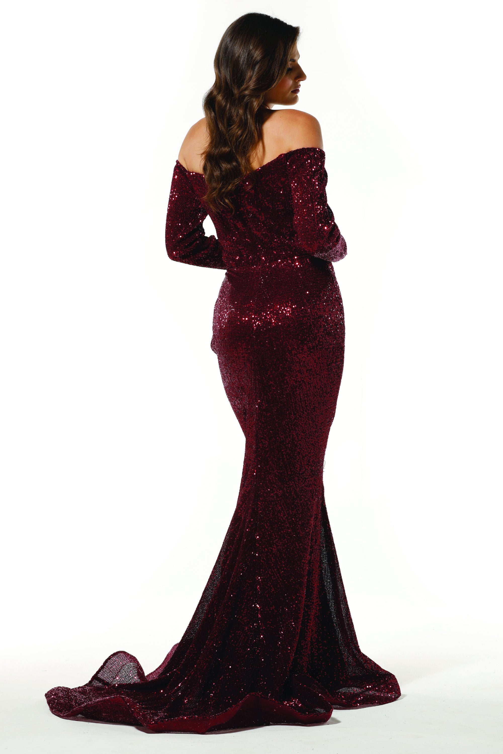 TINA HOLLY COUTURE T1842 wine mermaid gown with sequins, off-shoulder, school formal dress. Brisbane to Gold Coast, Australia.