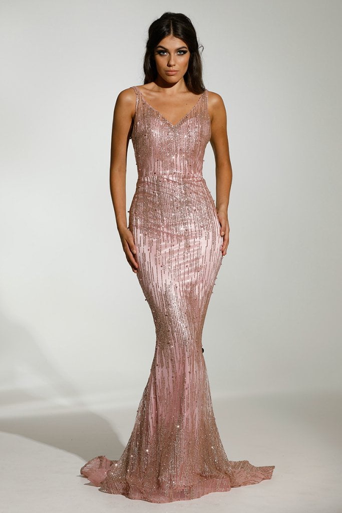 TINA HOLLY COUTURE T1843 V-neck rose pink glitter mermaid formal dress with sequin details, perfect for school formals, Brisbane to Gold Coast.