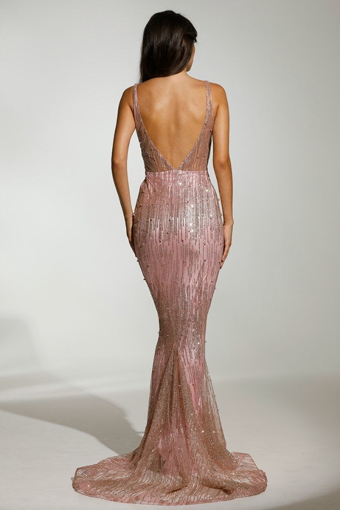 TINA HOLLY COUTURE T1843 glitter mermaid formal dress with low back, rose pink sequin details, school formal dress, Brisbane to Gold Coast
