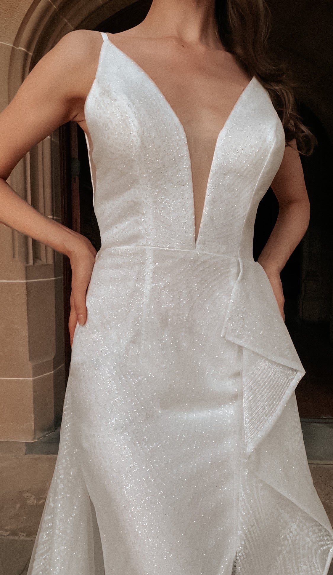 Tina Holly Couture T1844 White Glitter Deep V Bridal Formal Dress {vendor} AfterPay Humm ZipPay LayBuy Sezzle
