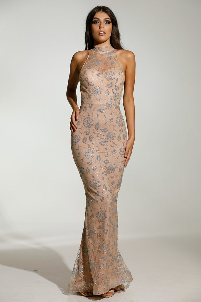 TINA HOLLY COUTURE T1845 silver nude glitter formal prom gown with mesh front, Brisbane to Gold Coast, Australia