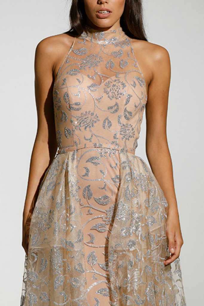 TINAHOLY COUTURE T1845 silver glitter mesh prom dress with floral pattern, Brisbane to Gold Coast