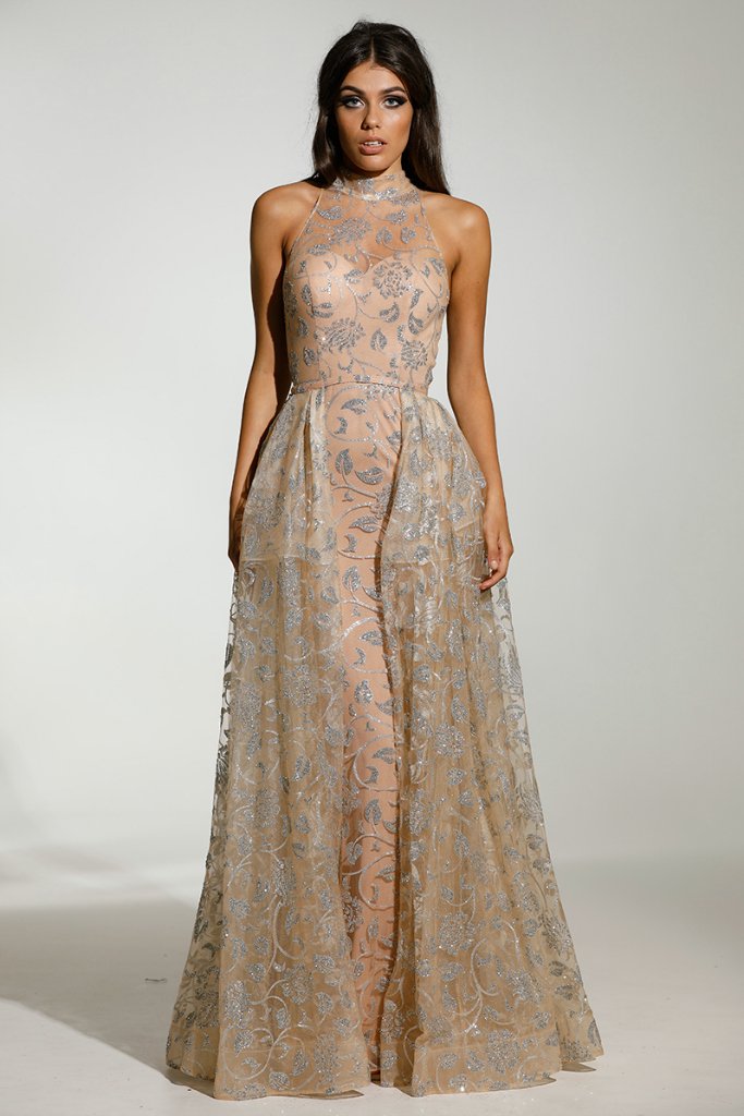 TINA HOLLY COUTURE T1845 silver and nude glitter mesh prom gown, delicate style, Brisbane to Gold Coast, Australia.
