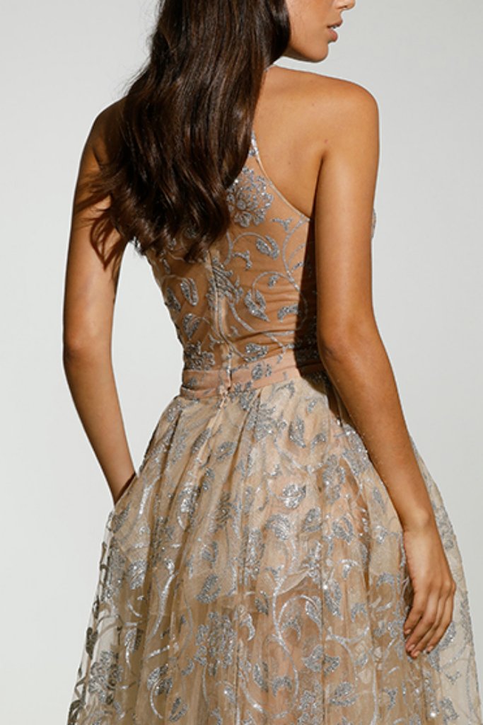 TINA HOLLY COUTURE T1845 silver glitter mesh prom gown, delicate style, Brisbane to Gold Coast, Australia.