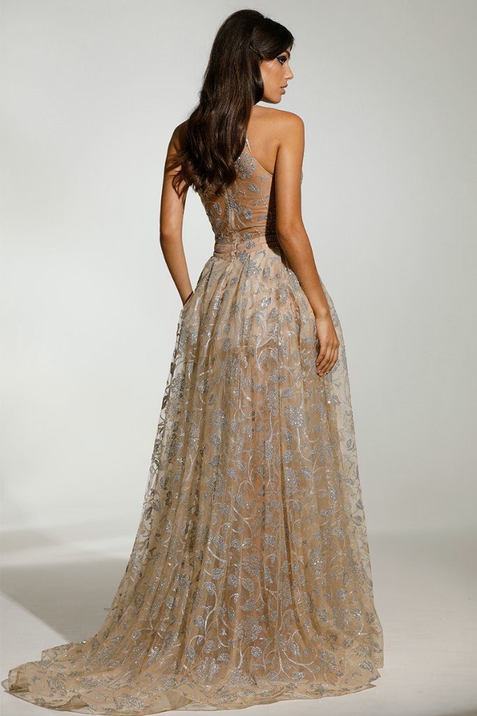 TINA HOLY COUTURE T1845 Silver & Nude Glitter Mesh Prom Dress, delicate design, formal gown, Brisbane to Gold Coast, Australia.