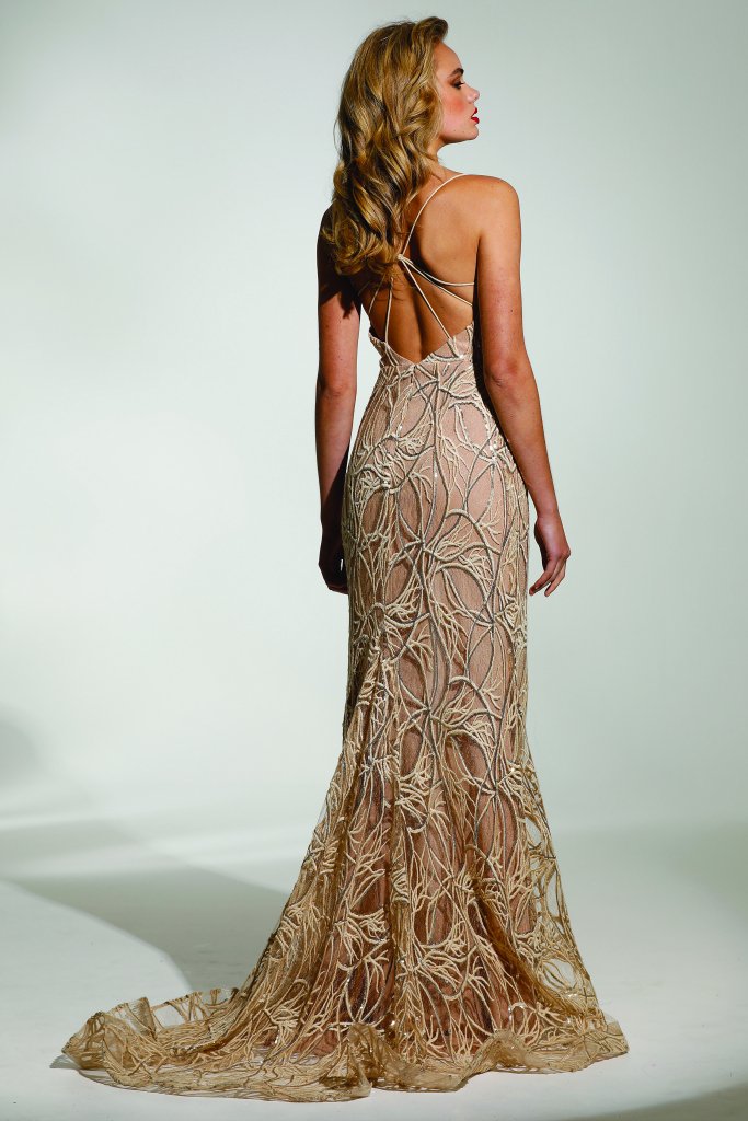 TINA HOLLY COUTURE T1846 Gold Lace Mermaid Prom Gown with Delicate Beading, School Formal Dress Brisbane to Gold Coast
