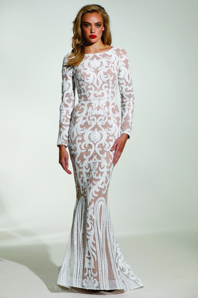 TINA HOLLY COUTURE T1890 white and nude long sleeve mermaid gown with high neckline, prom dress style, Brisbane to Gold Coast, Australia.