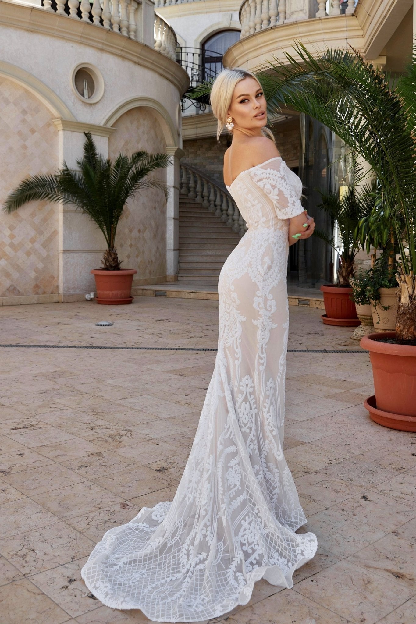 Tina Holly Couture Designer T19005 White & Nude Stretch Sequin Formal Wedding Gown Dress in Australia | One Honey Boutique