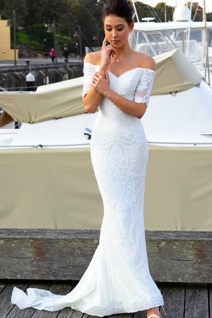 Tina Holly Couture Designer T19005 White Stretch Sequin Formal Wedding Gown Dress in Australia | One Honey Boutique