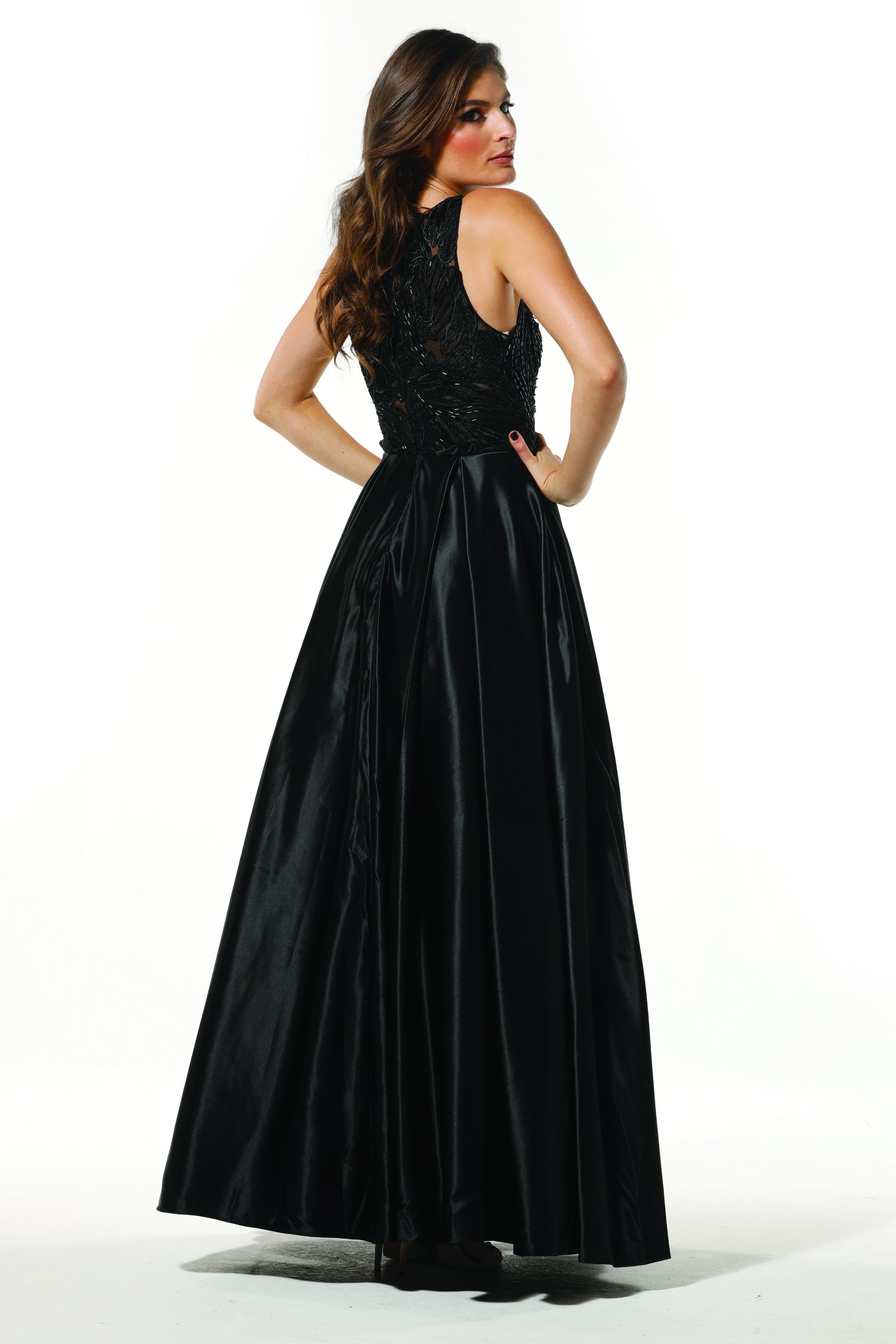 TINAHOLY COUTURE T19435 black satin prom ball gown with sequin mesh detail Brisbane to Gold Coast