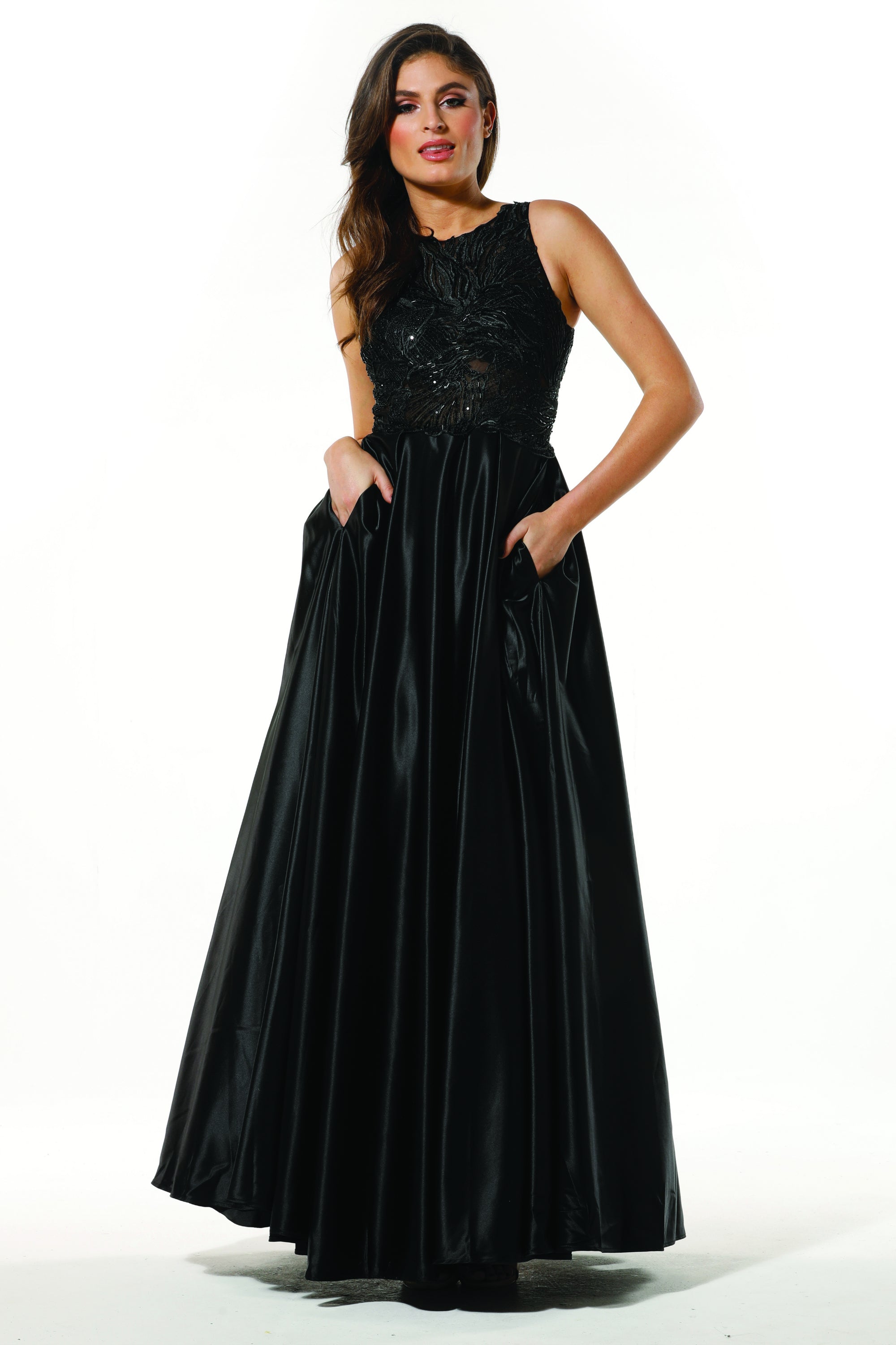 TINA HOLY COUTURE T19435 Black Satin Prom Ball Gown with Mesh Sequin V Front, Brisbane to Gold Coast