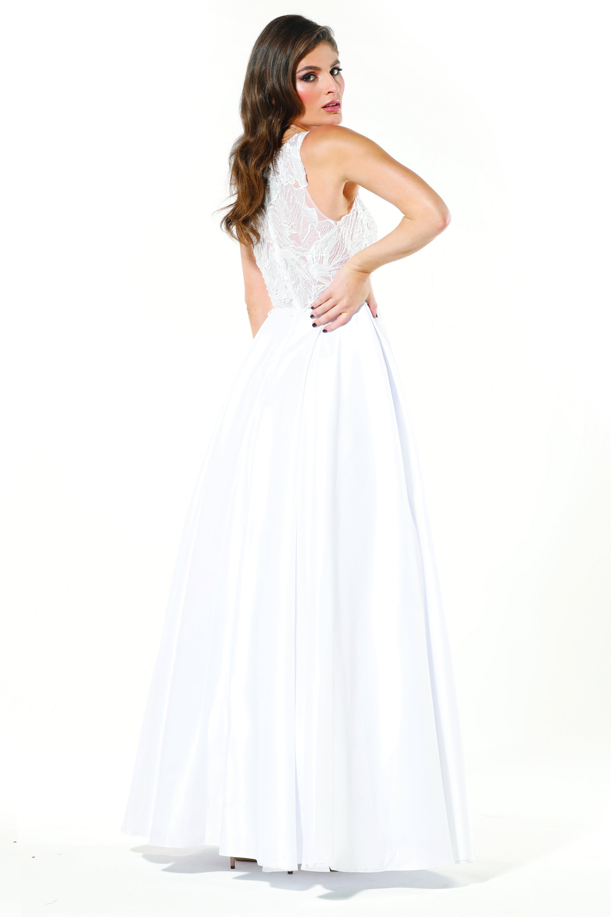 TINAHOLY COUTURE T19435 white satin prom gown with mesh sequin back, elegant ball dress, perfect for formal events, Brisbane to Gold Coast