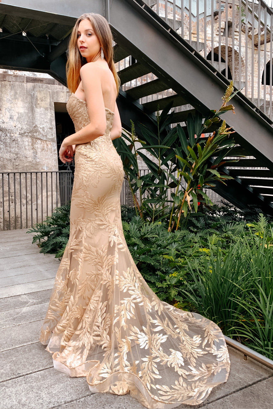 TINA HOLLY COUTURE TA107 gold sequin mermaid formal dress with mesh train. Strapless design. Perfect for proms. Brisbane to Gold Coast, Australia.