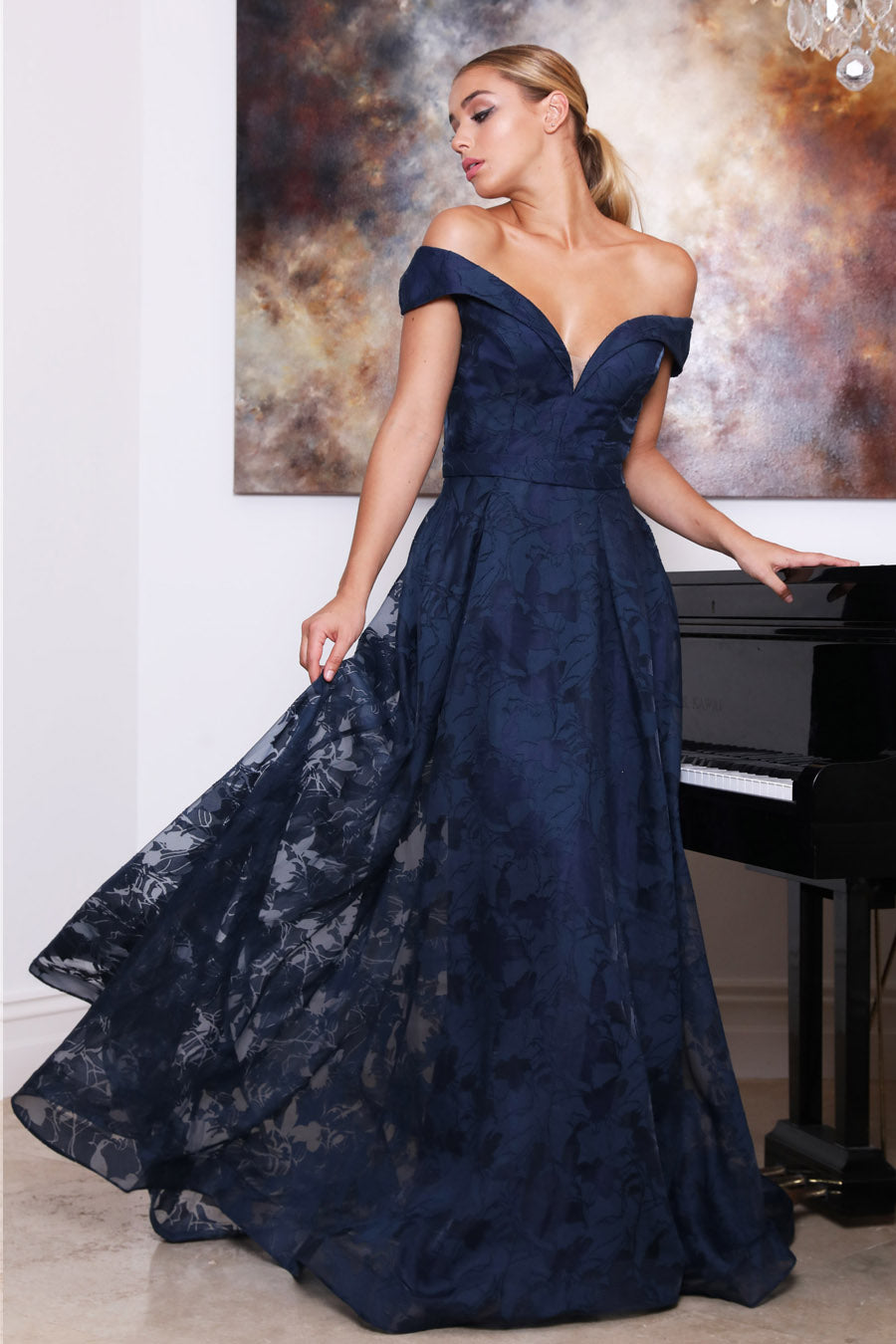Tina Holly Couture Designer TA131 Navy Blue Off Shoulder Formal Dress {vendor} AfterPay Humm ZipPay LayBuy Sezzle