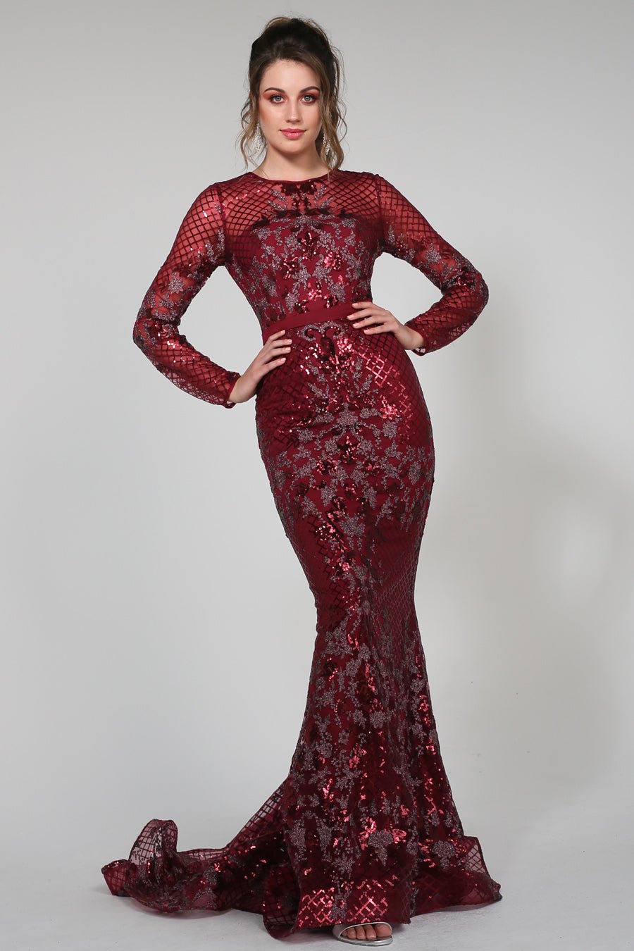 Tina Holly Couture TA139 Burgundy Sequin Long Sleeve Mermaid Formal Dress in Australia | One Honey Boutique