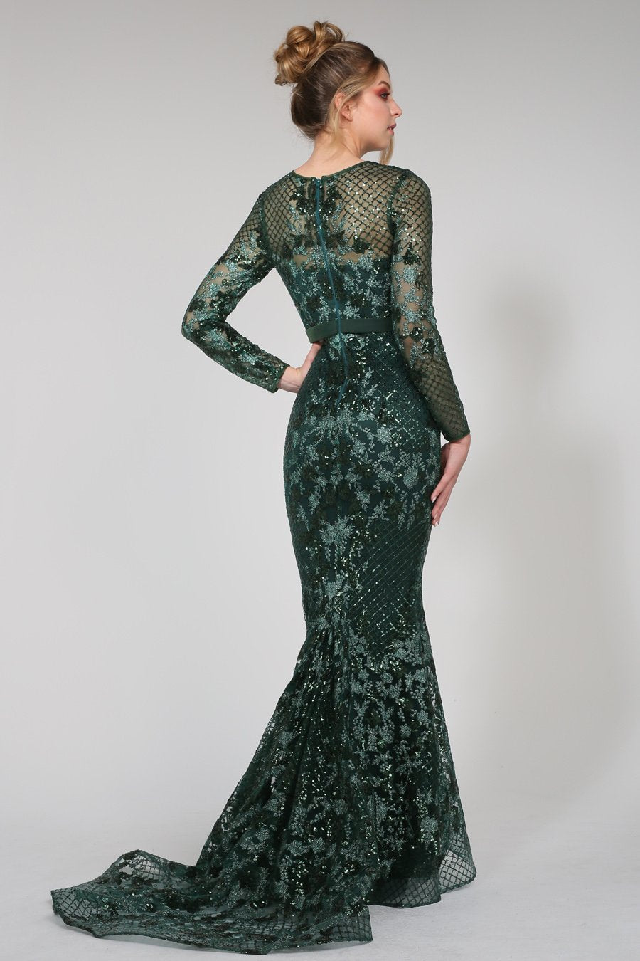 TA139 emerald green sequin long sleeve mermaid formal dress, intricate lace detailing, school formal dress, Brisbane to Gold Coast